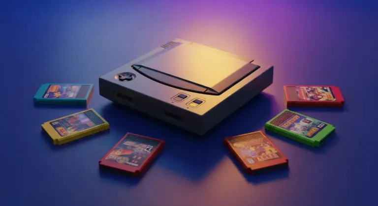 A grey video game console sits on a blue surface surrounded by six colorful game cartridges