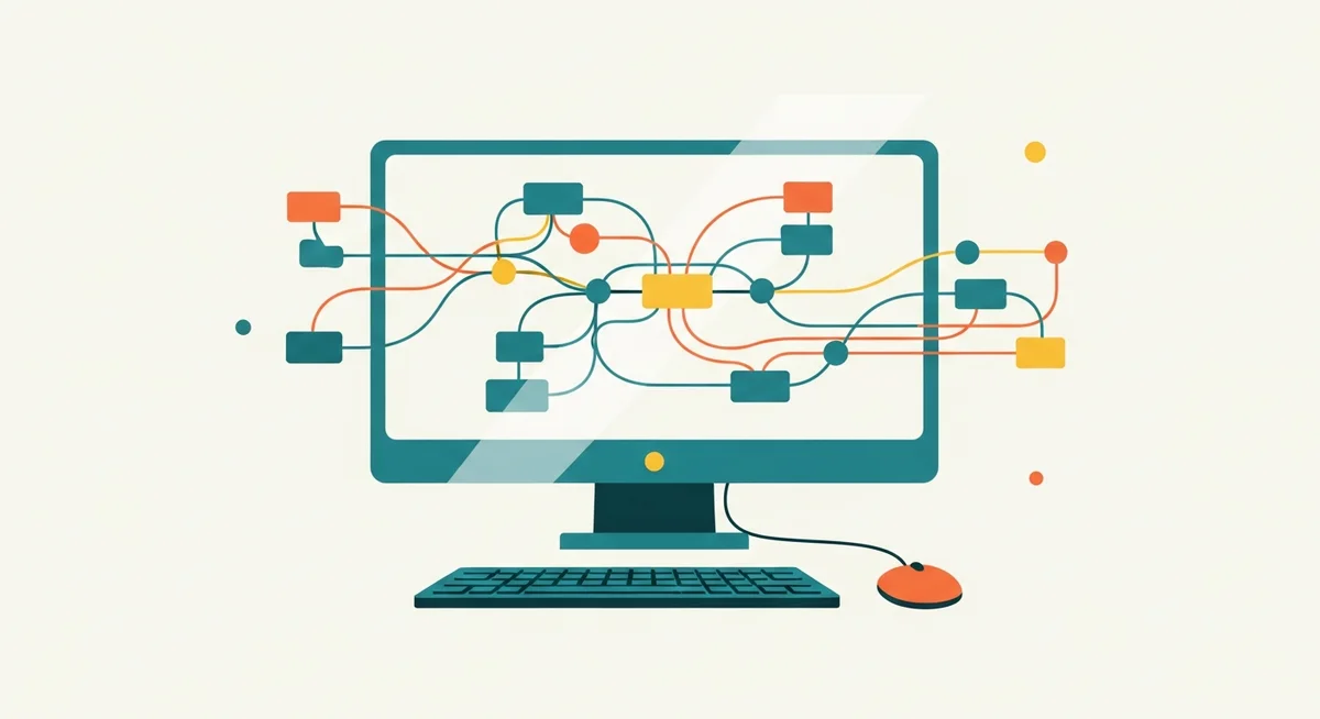 A flat vector illustration of a computer monitor displaying a complex, branching diagram, symbolizing the design and structure of an interactive narrative.
