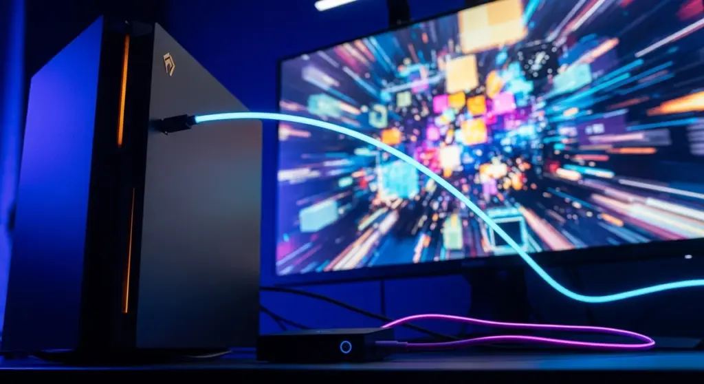 Gaming tower connected by glowing light cables to a small base unit in front of a computer monitor