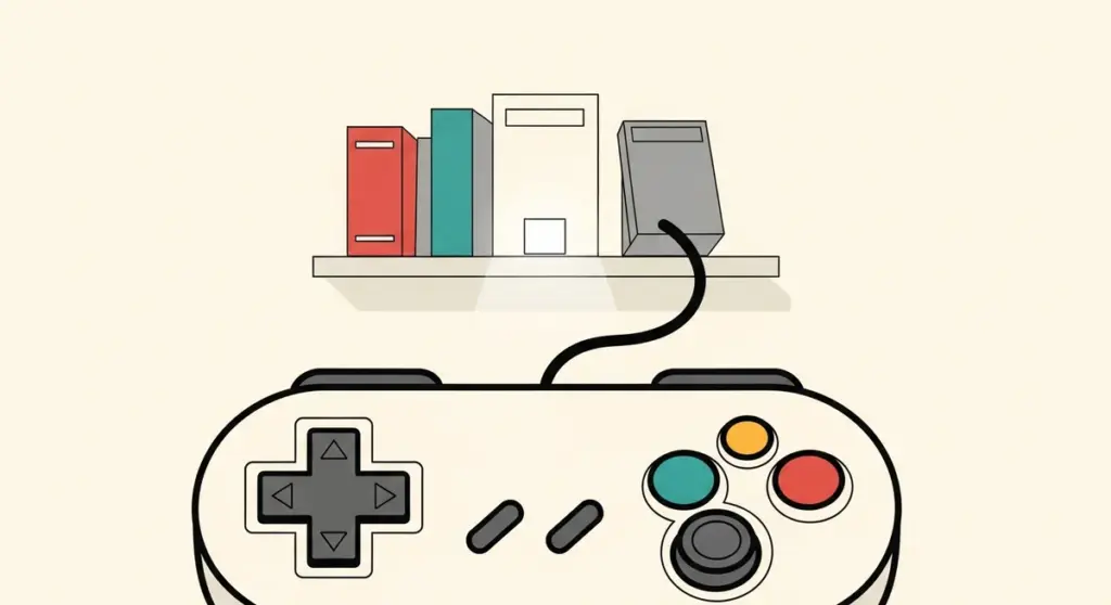 A game controller is connected to a shelf holding four rectangular objects resembling books or game consoles