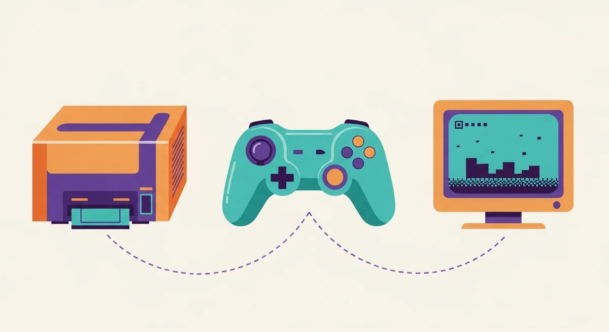 Three stylized retro gaming items—a console, a modern controller, and a CRT monitor—arranged for comparison.