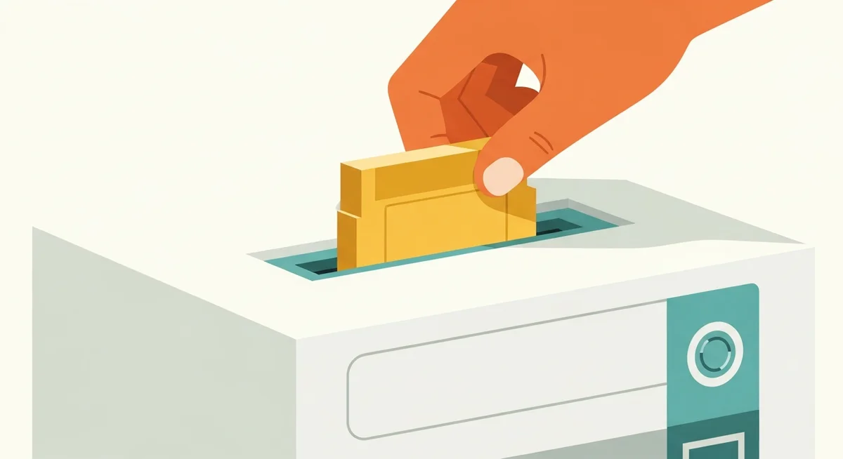 A stylized hand inserting a cartridge into an old, boxy retro game console.