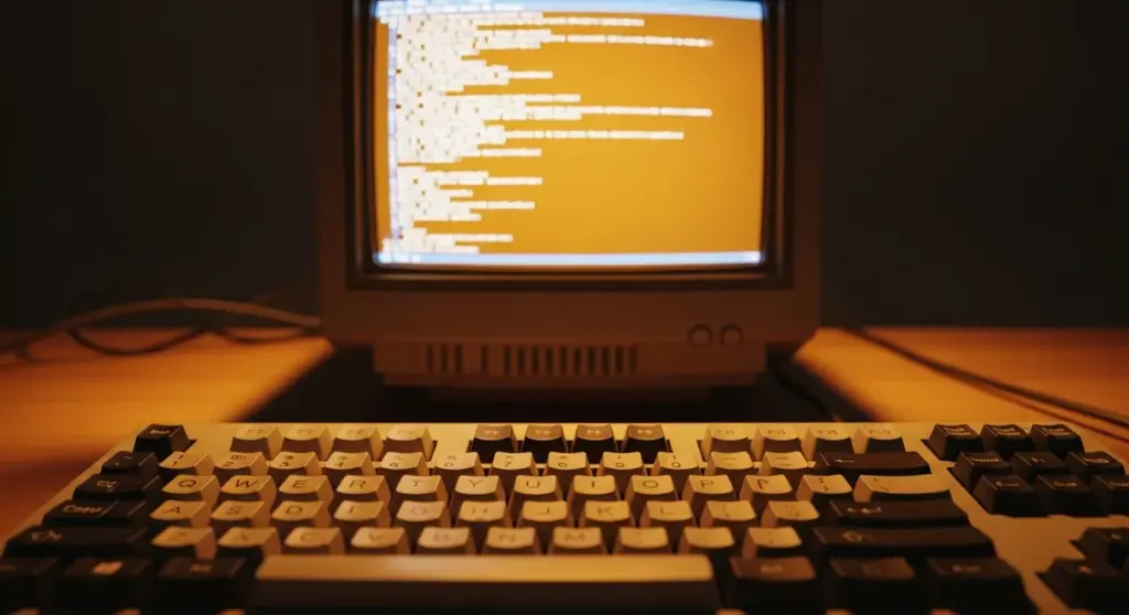 Vintage computer with a glowing screen sits behind a keyboard on a wooden desk