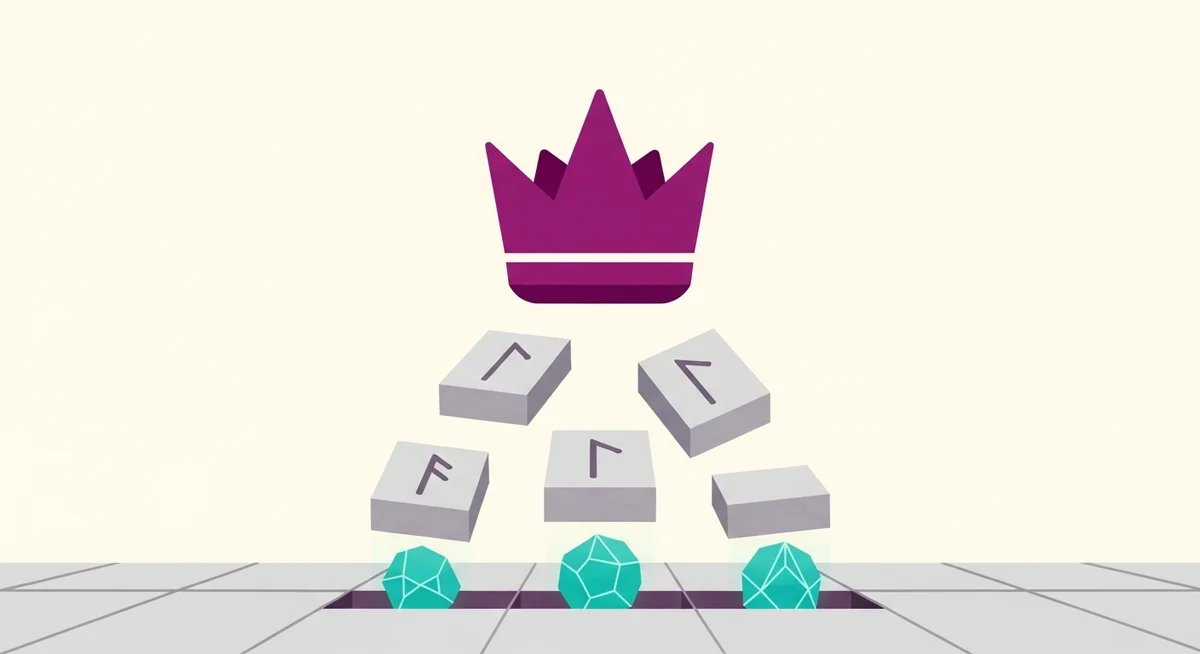 Stylized flat vector illustration of a floating crown monolith with glowing floor panels revealing runes.
