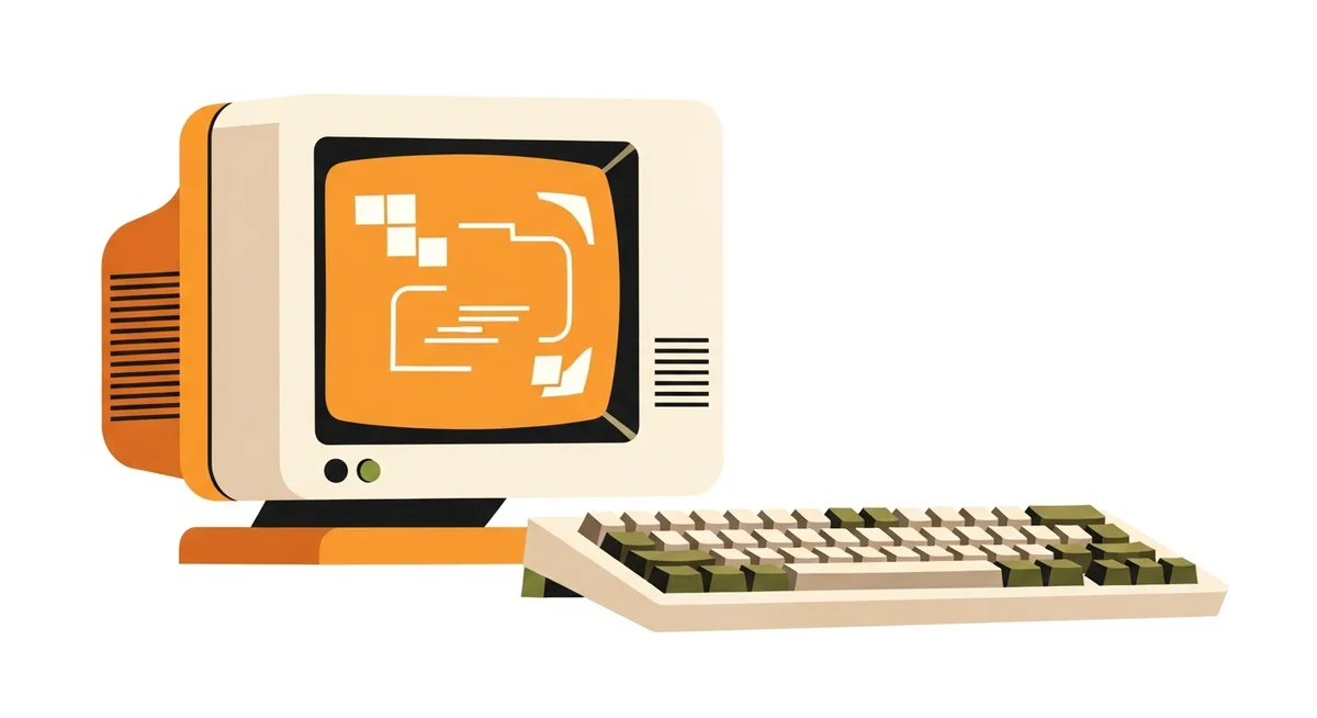 A retro amber monitor displays abstract lines representing text, next to a vintage keyboard.