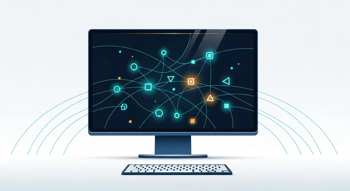 A modern monitor displays an abstract, glowing network of branching lines and nodes, symbolizing interactive narratives.