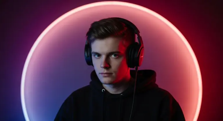 A young man wearing a black hoodie and headphones centered in front of a glowing circular light ring
