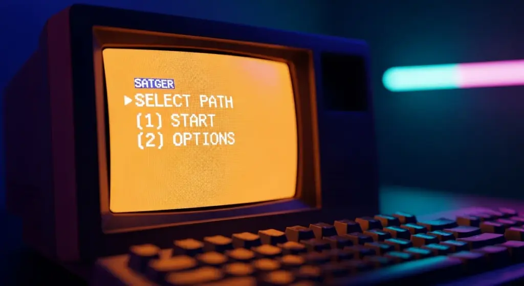 A retro computer monitor displays a text menu on an orange screen next to a mechanical keyboard