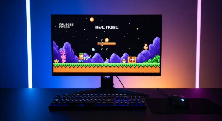 A monitor displaying a pixelated game sits on a desk with a gaming keyboard and mouse between two lights