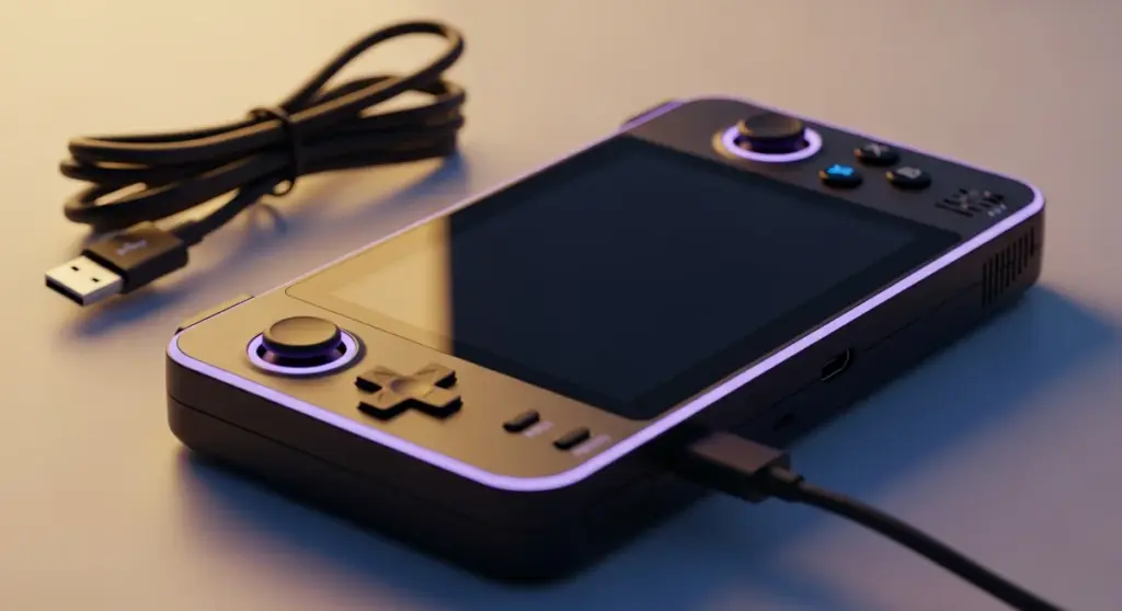 A black handheld game console with purple LED accents and a coiled charging cable sit on a light surface