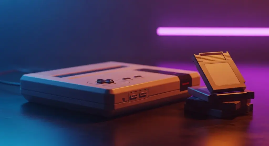 A retro gaming console and a small stack of cartridges on a surface against a blue and pink backdrop