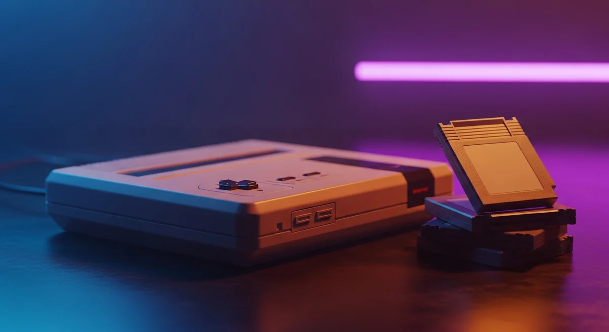 A retro gaming console and a small stack of cartridges on a surface against a blue and pink backdrop
