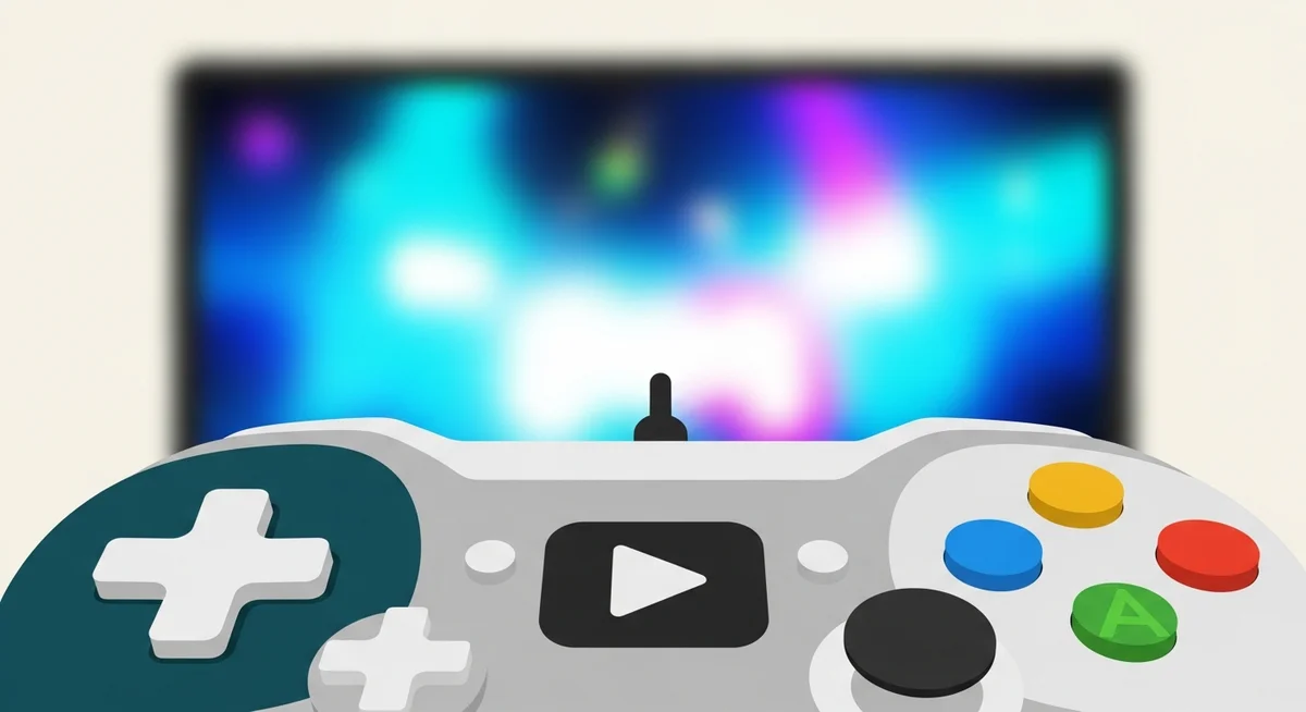 A modern, flat-design game controller with a stylized 'play' icon, subtly glowing in the foreground, suggesting a completed and shareable interactive game.