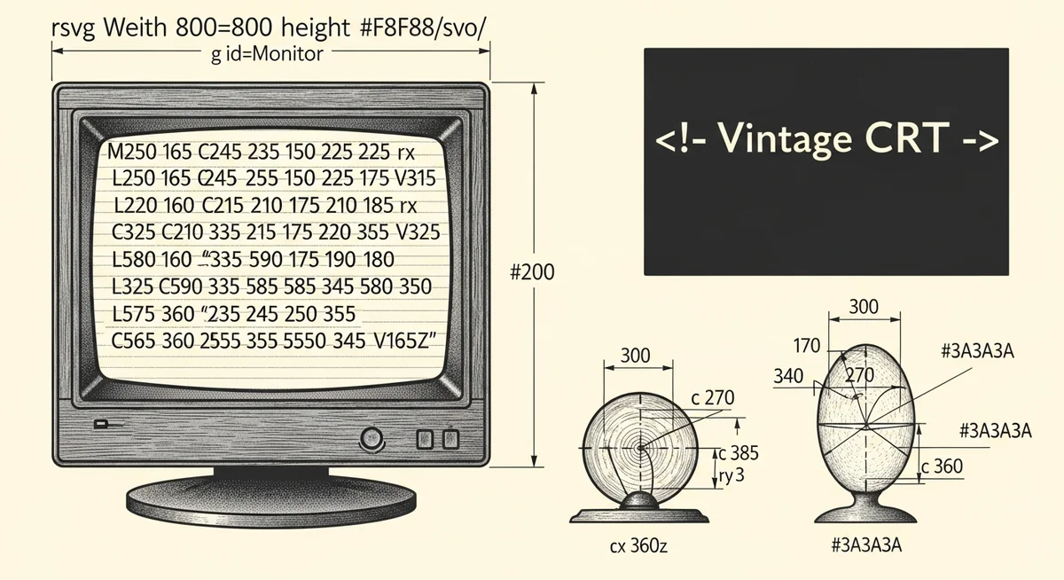 A retro amber CRT monitor showing simple text-based game commands and descriptions, with abstract shapes in the background, representing interactive game environments.