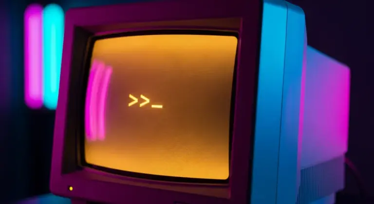 A vintage computer monitor displays a command prompt with two greater-than signs and an underscore cursor