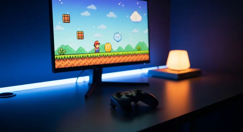 A video game controller sits on a dark desk in front of a monitor displaying a retro platform game