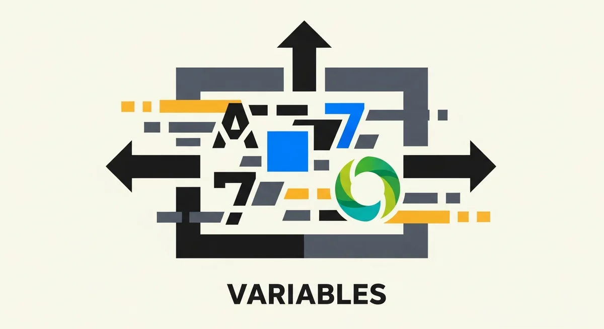 A minimalist vector illustration of a central box with changing icons, representing the dynamic nature of variables in interactive fiction.