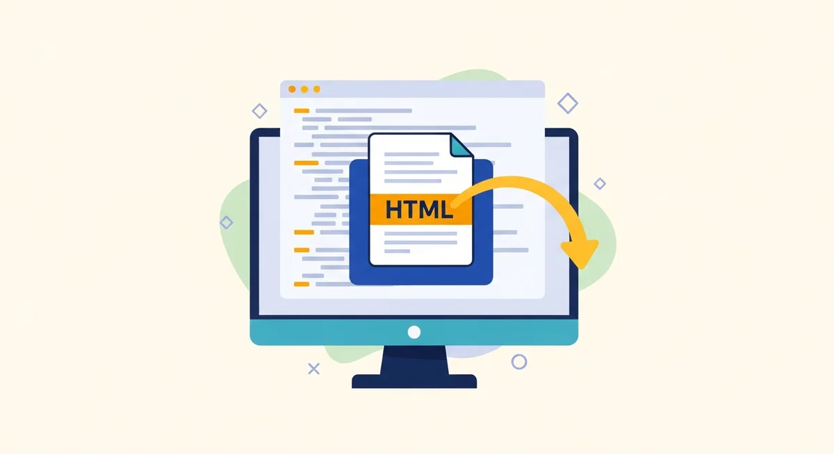 A flat vector illustration of an HTML document icon emerging from a computer screen, symbolizing the export and publication of an interactive story.