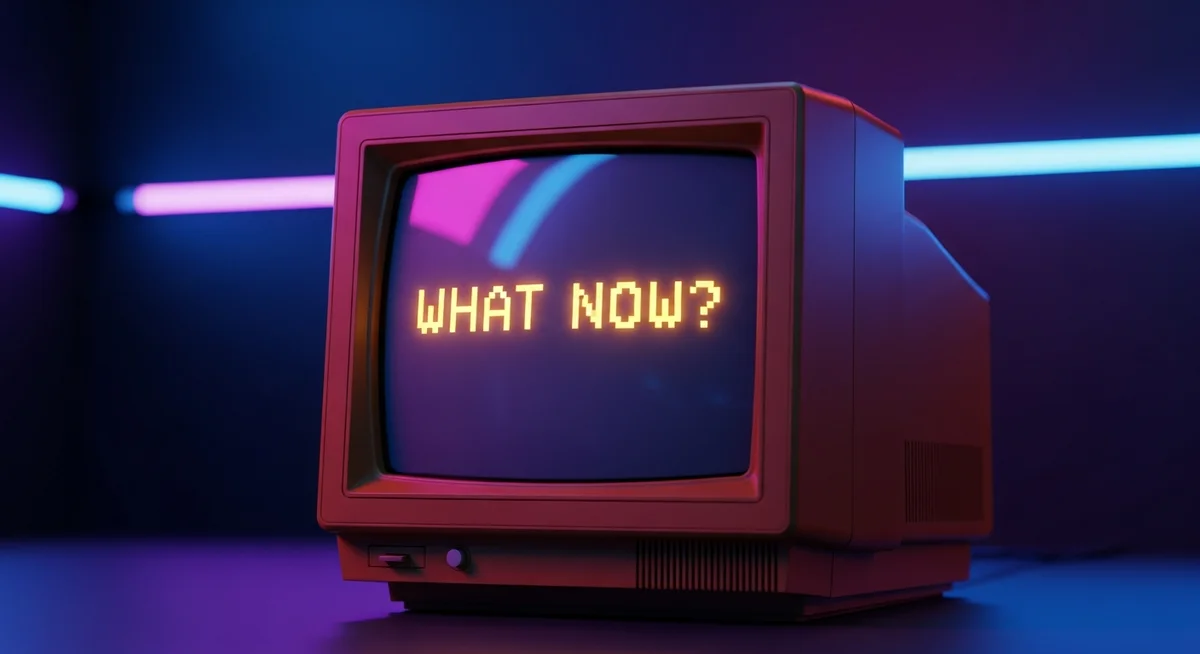 Retro television set displaying the text WHAT NOW? in pixelated yellow font against a dark background with neon lights
