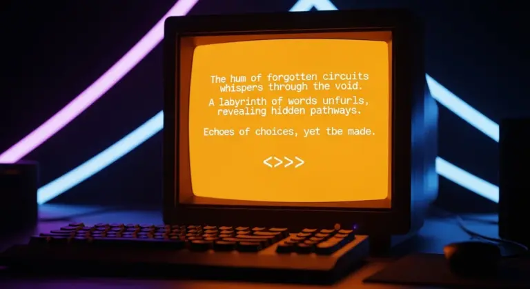 An old computer monitor displaying poetic text in an orange screen sits on a desk with a keyboard