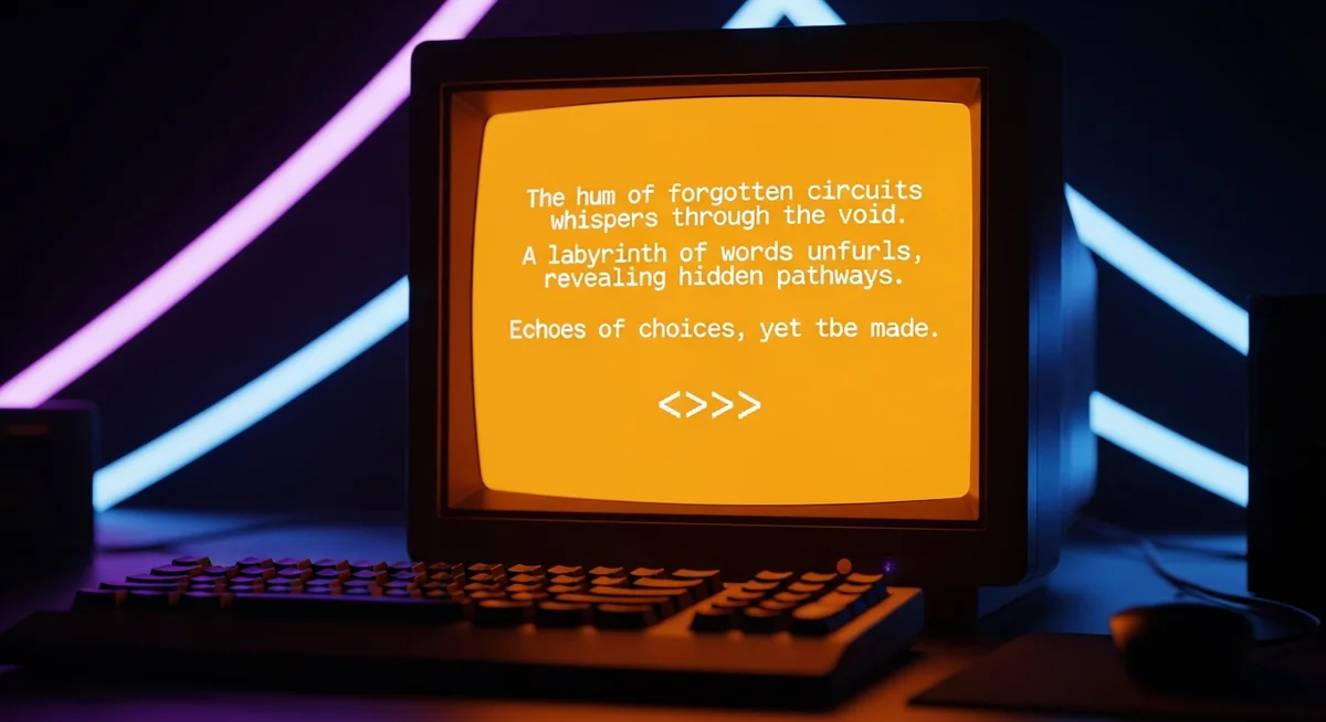 An old computer monitor displaying poetic text in an orange screen sits on a desk with a keyboard