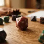 A red twenty-sided die surrounded by various other polyhedral dice on a wooden table