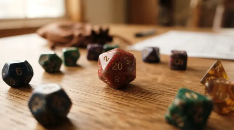 A red twenty-sided die surrounded by various other polyhedral dice on a wooden table