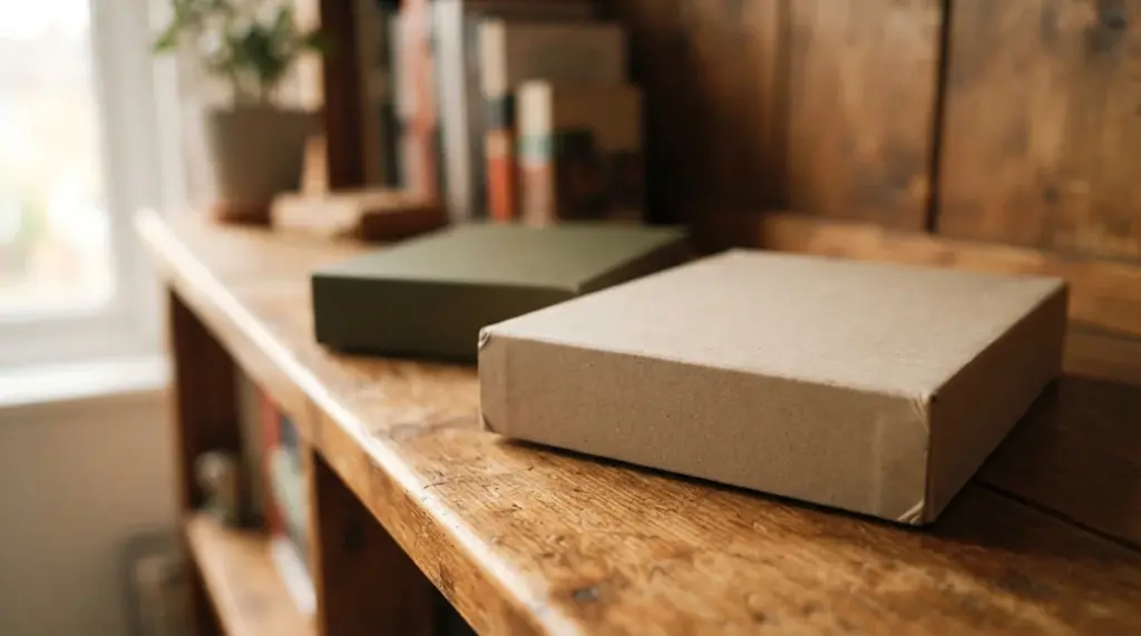 Two rectangular boxes in tan and green sit on a wooden shelf beside a plant and books