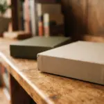 Two rectangular boxes in tan and green sit on a wooden shelf beside a plant and books