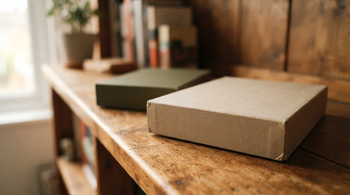 Two rectangular boxes in tan and green sit on a wooden shelf beside a plant and books