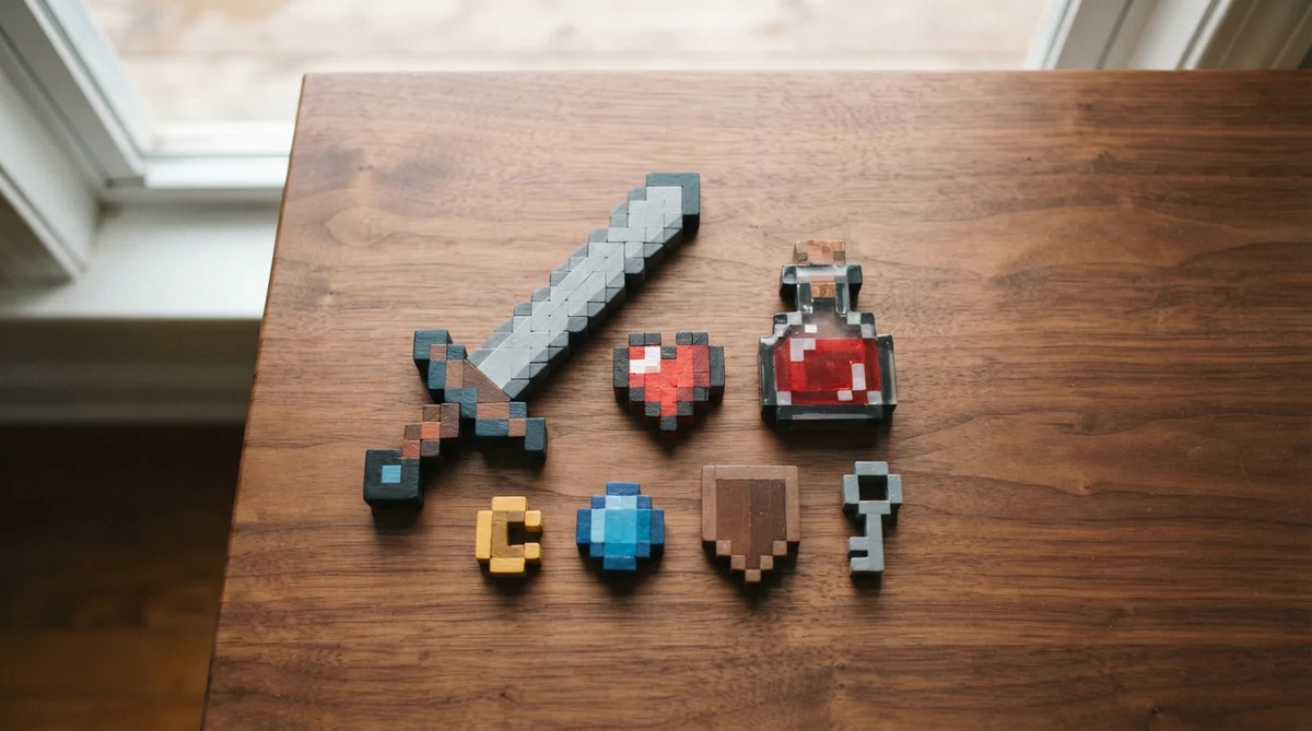 A top-down view of a wooden table with physical pixel-art objects like a sword, heart, and potion bottle, arranged thoughtfully under warm natural daylight.