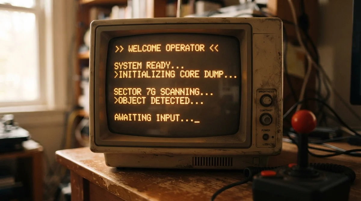 A close-up of a vintage amber CRT monitor displaying abstract text-like patterns, simulating a game prompt, with a retro joystick out of focus in the foreground under warm daylight.