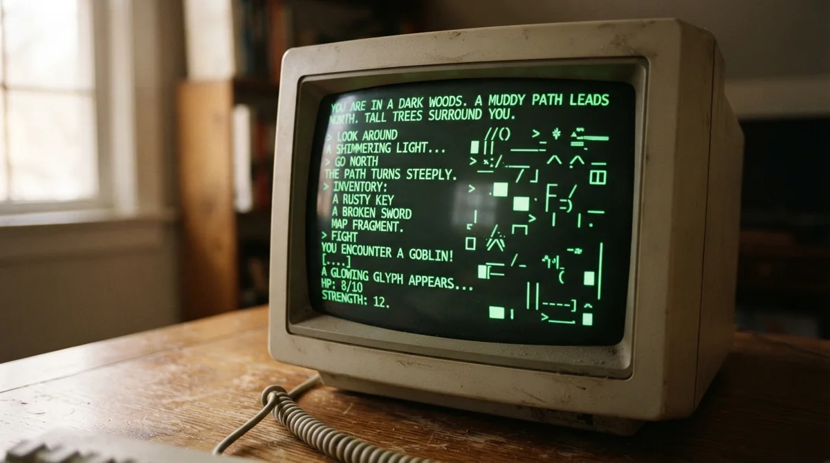 A close-up of a vintage monochrome CRT monitor displaying abstract green text-like patterns, reminiscent of a classic text adventure, bathed in warm natural light.