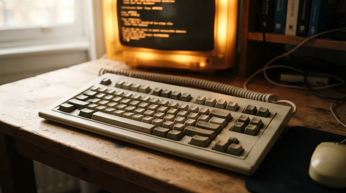 A vintage mechanical computer keyboard sits on a wooden desk in front of an old monitor and mouse