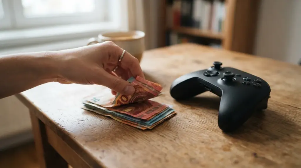 A hand counts euro banknotes next to a black game controller on a wooden table