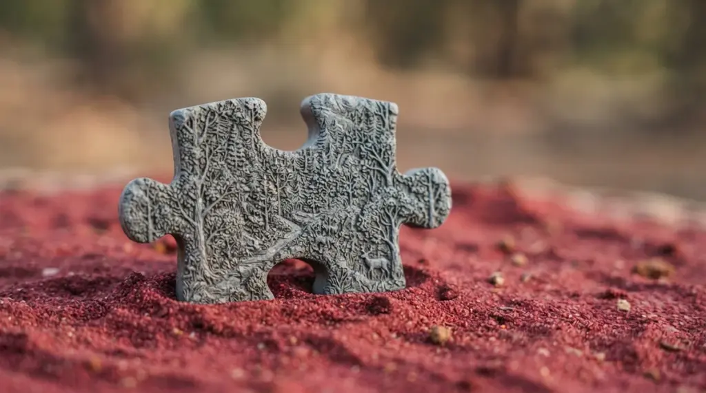 A stone puzzle piece carved with a forest scene sits upright in red sand