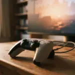 A PlayStation 5 controller rests on a wooden table in front of a computer monitor displaying a landscape