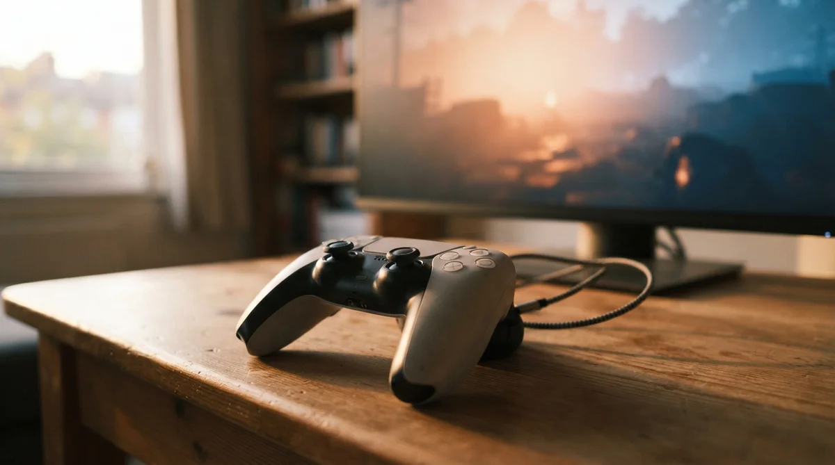A PlayStation 5 controller rests on a wooden table in front of a computer monitor displaying a landscape