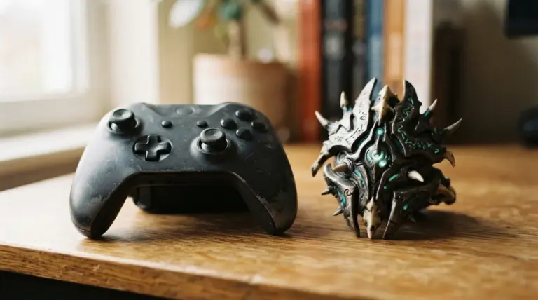 A worn black game controller next to a decorative spiked orb on a wooden surface