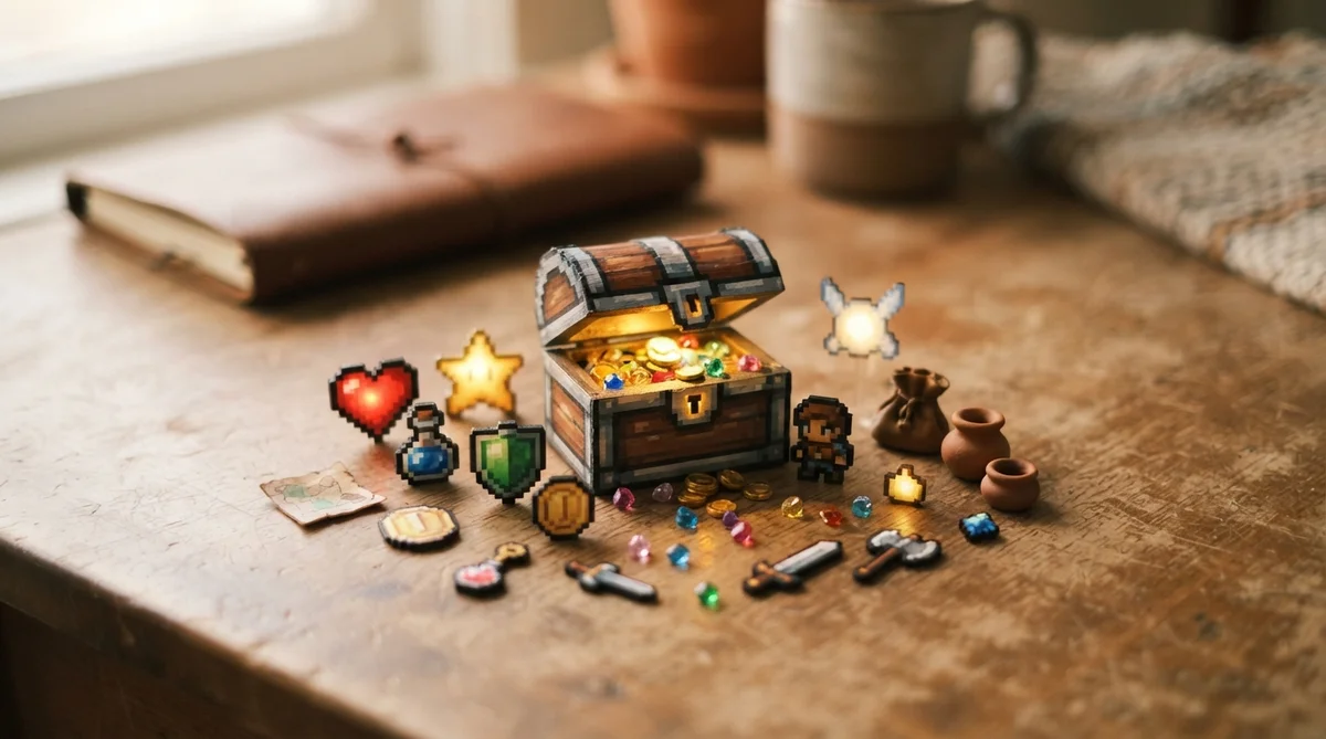 A collection of physical pixel-art game elements, including a miniature treasure chest and small collectibles, arranged on a warm surface, representing post-game item discovery.