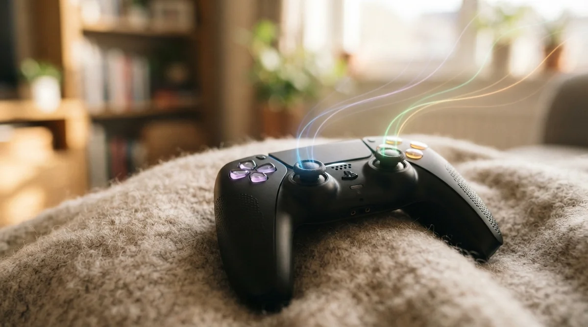 A close-up of a game controller with multiple colored light trails fanning out from its buttons, symbolizing branching story paths and replayability.