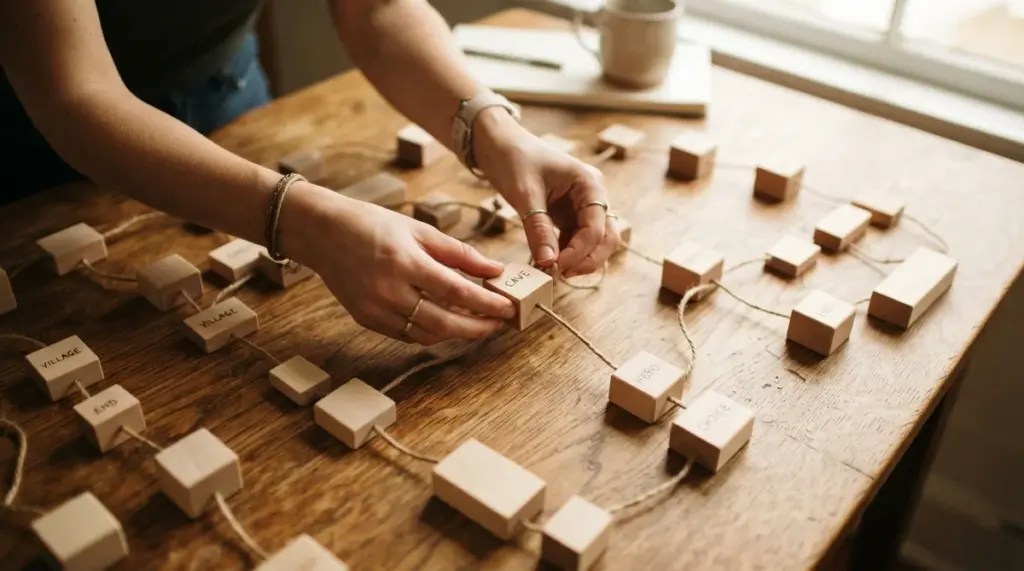 Hands arrange wooden blocks inscribed with words and connected by twine on a rustic wooden table
