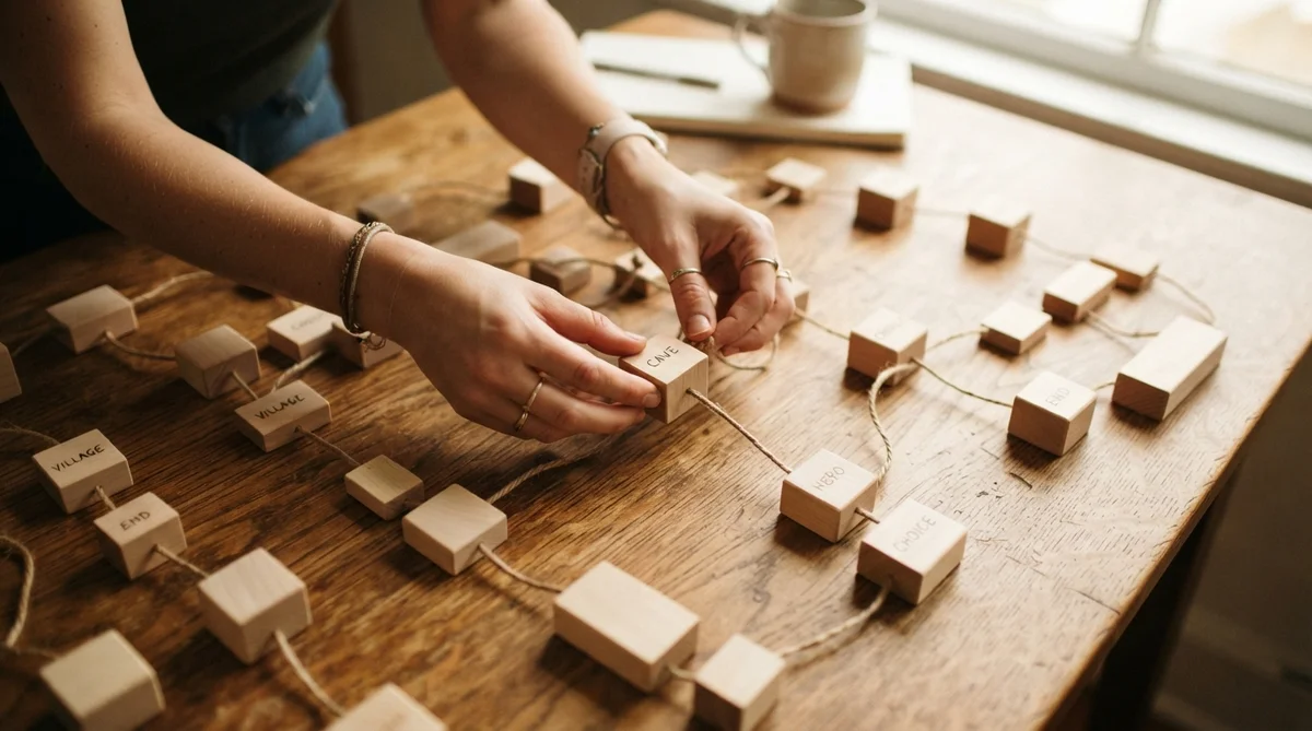 Hands arrange wooden blocks inscribed with words and connected by twine on a rustic wooden table