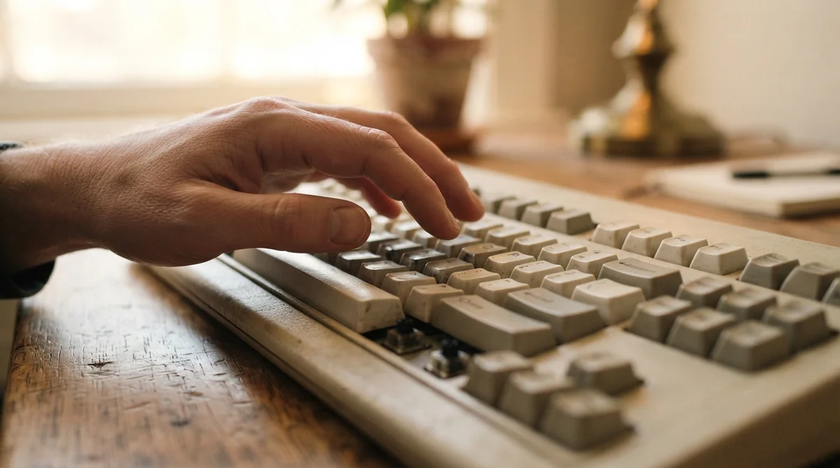 A person’s hand rests on a vintage beige mechanical keyboard atop a wooden desk