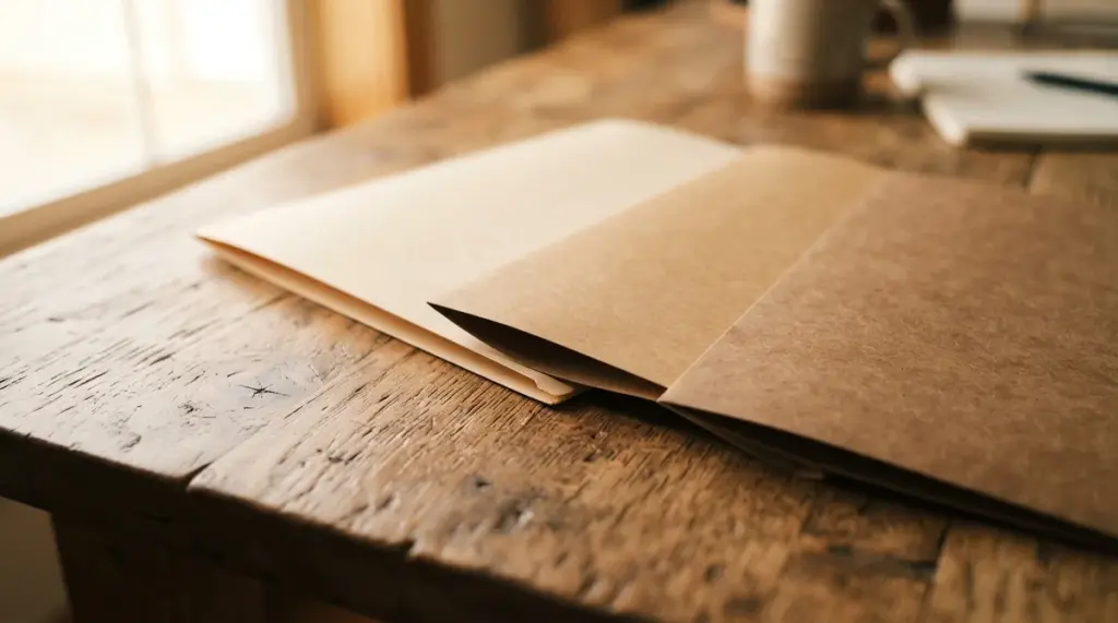 A close-up of three simple, unbranded file folders in warm, natural earth tones