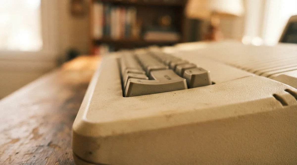 A vintage computer keyboard rests on a wooden desk surface with a blurred bookshelf and lamp in the background