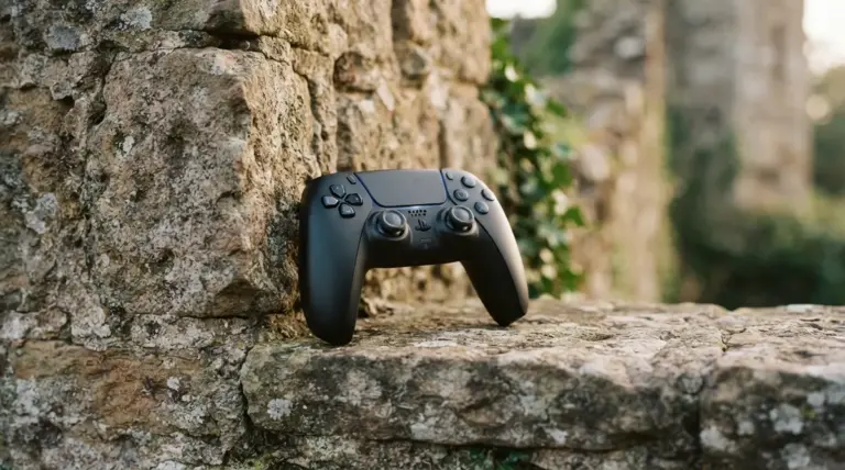 A black PlayStation 5 controller leaning against a textured stone wall outdoors