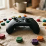 Black game controller surrounded by colorful wooden discs on a textured fabric surface with a mug in background