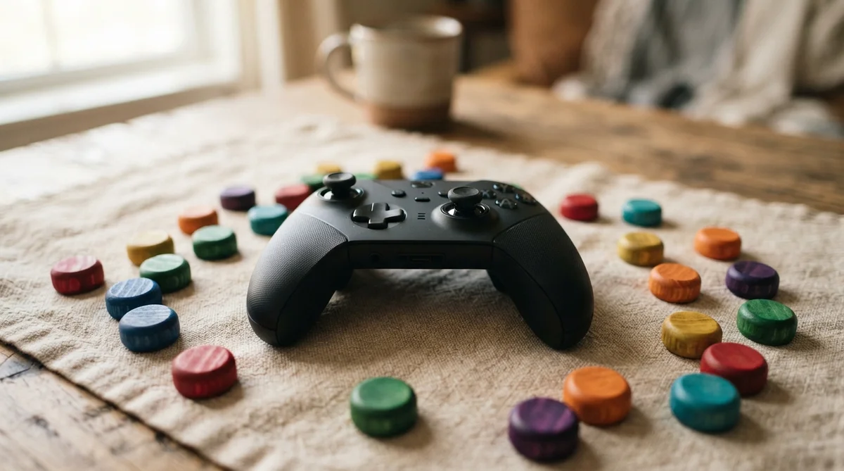 Black game controller surrounded by colorful wooden discs on a textured fabric surface with a mug in background