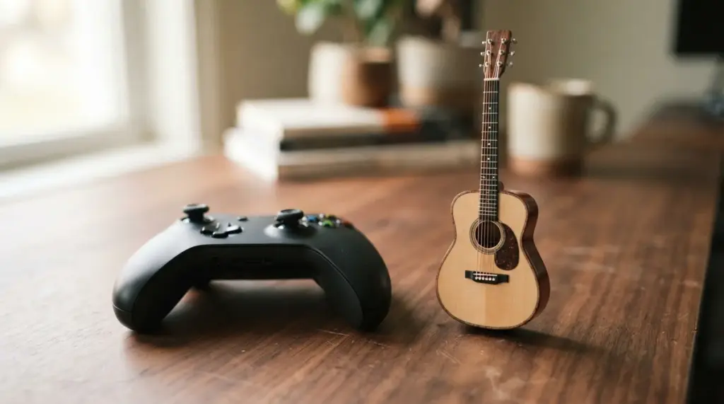 A close-up of a gaming controller resting on a warm wooden surface